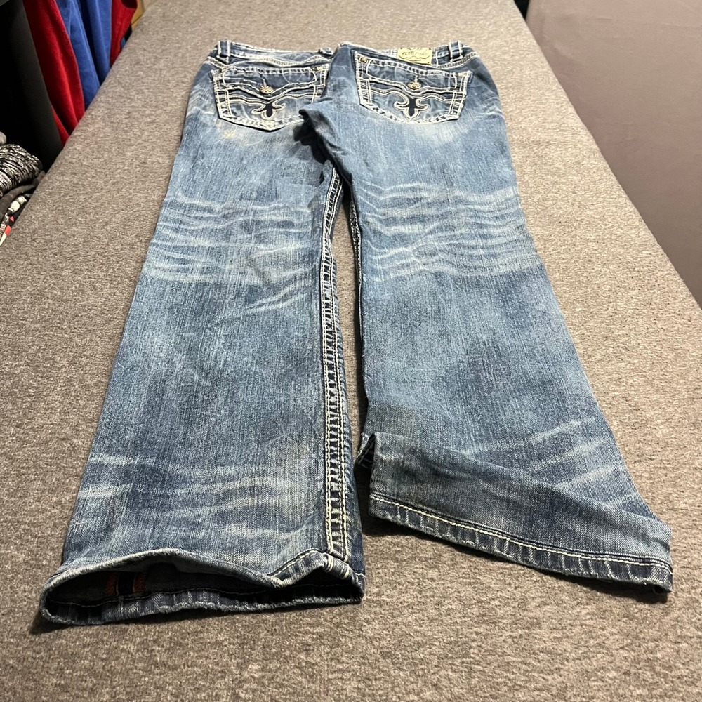 Rock Revival Sten Straight Leg Jeans Mens 36 Blue Distressed Fleur De Lis Denim